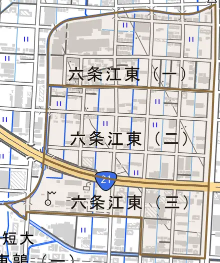 六条江東とその周辺の地図。町の範囲を重ねている
