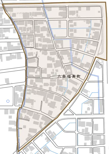 六条福寿町とその周辺の地図。町の範囲を重ねている