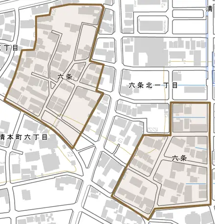 六条とその周辺の地図。町の範囲を重ねている