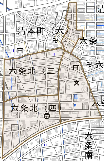 六条北とその周辺の地図。町の範囲を重ねている