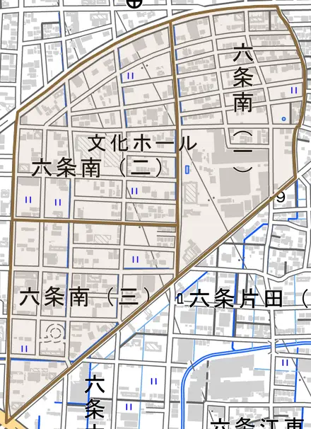 六条南とその周辺の地図。町の範囲を重ねている