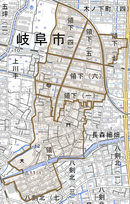 領下とその周辺の地図。町の範囲を重ねている