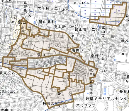 鷺山とその周辺の地図。町の範囲を重ねている