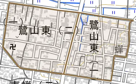 鷺山東とその周辺の地図。町の範囲を重ねている