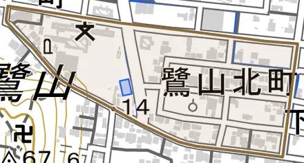 鷺山北町とその周辺の地図。町の範囲を重ねている