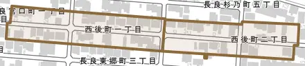 西後町とその周辺の地図。町の範囲を重ねている