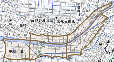 境川とその周辺の地図。町の範囲を重ねている