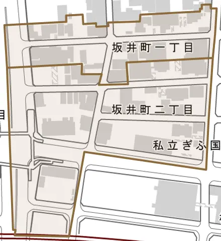 坂井町とその周辺の地図。町の範囲を重ねている