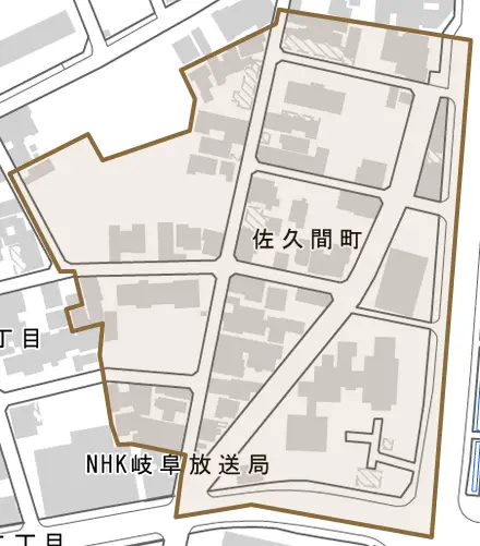 佐久間町とその周辺の地図。町の範囲を重ねている