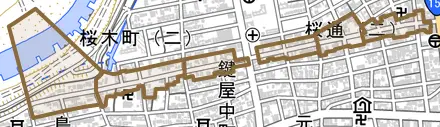 桜通とその周辺の地図。町の範囲を重ねている