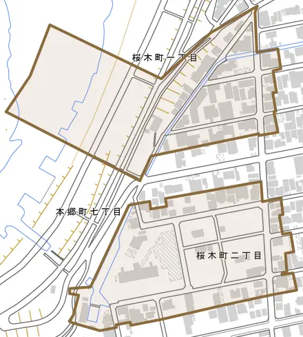 桜木町とその周辺の地図。町の範囲を重ねている