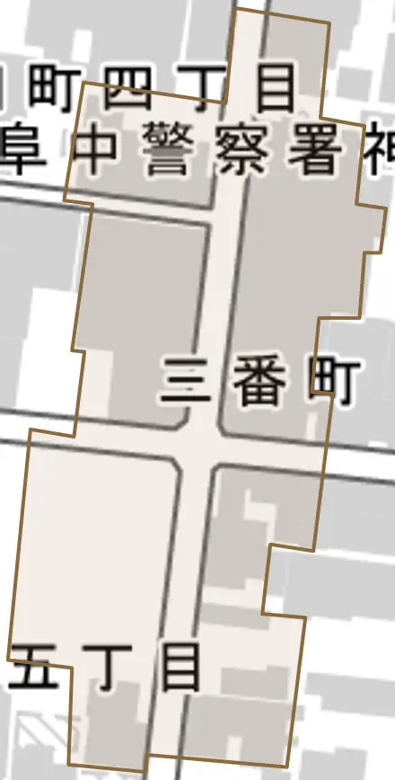 三番町とその周辺の地図。町の範囲を重ねている