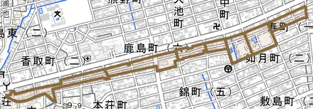 早苗町とその周辺の地図。町の範囲を重ねている