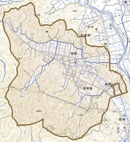 佐野とその周辺の地図。町の範囲を重ねている