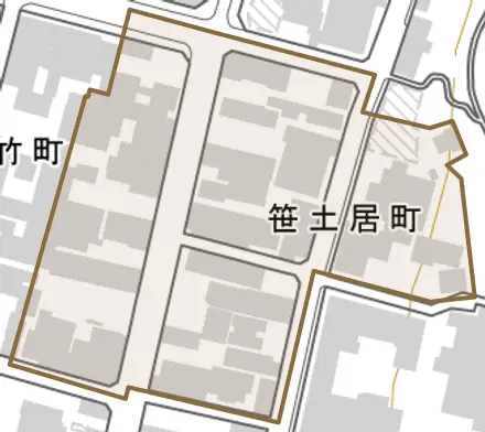 笹土居町とその周辺の地図。町の範囲を重ねている