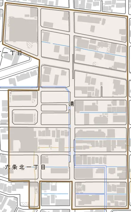 清とその周辺の地図。町の範囲を重ねている