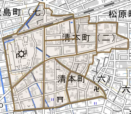 清本町とその周辺の地図。町の範囲を重ねている