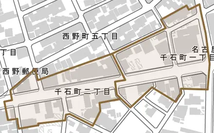 千石町とその周辺の地図。町の範囲を重ねている
