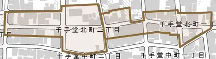 千手堂北町とその周辺の地図。町の範囲を重ねている