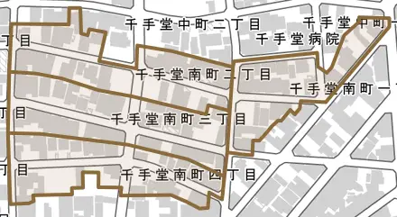 千手堂南町とその周辺の地図。町の範囲を重ねている