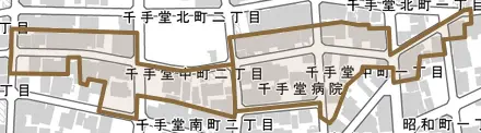 千手堂中町とその周辺の地図。町の範囲を重ねている
