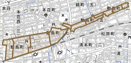 敷島町とその周辺の地図。町の範囲を重ねている