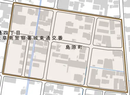 島原町とその周辺の地図。町の範囲を重ねている