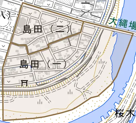 島田とその周辺の地図。町の範囲を重ねている