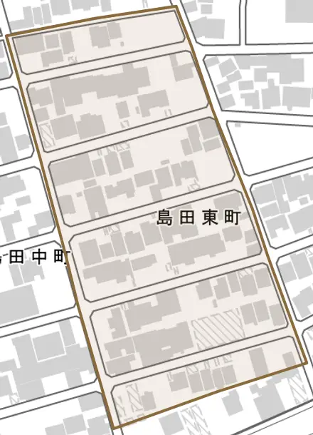 島田東町とその周辺の地図。町の範囲を重ねている