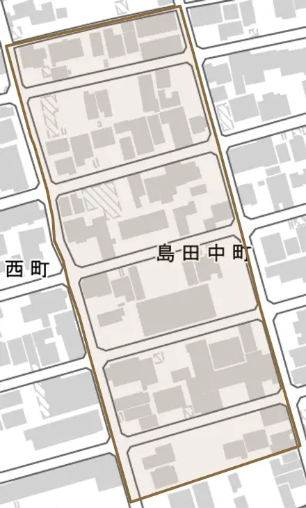島田中町とその周辺の地図。町の範囲を重ねている