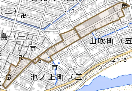 島栄町とその周辺の地図。町の範囲を重ねている