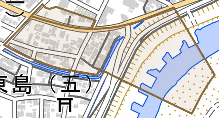島新町とその周辺の地図。町の範囲を重ねている