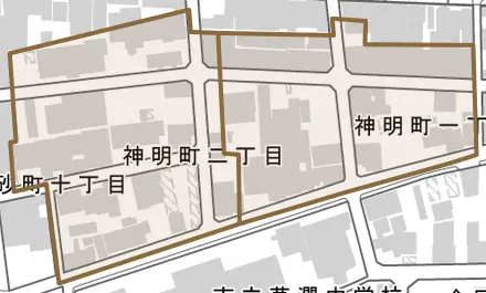 神明町とその周辺の地図。町の範囲を重ねている
