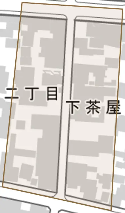 下茶屋町とその周辺の地図。町の範囲を重ねている