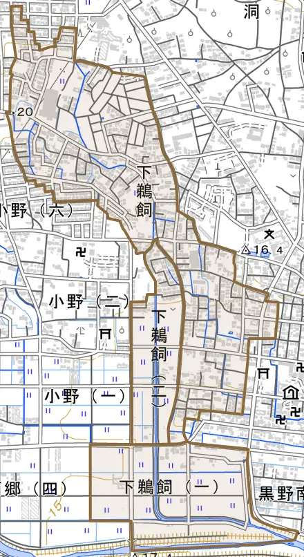 下鵜飼とその周辺の地図。町の範囲を重ねている