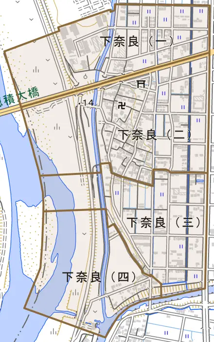 下奈良とその周辺の地図。町の範囲を重ねている