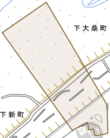 下大桑町とその周辺の地図。町の範囲を重ねている