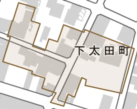 下太田町とその周辺の地図。町の範囲を重ねている