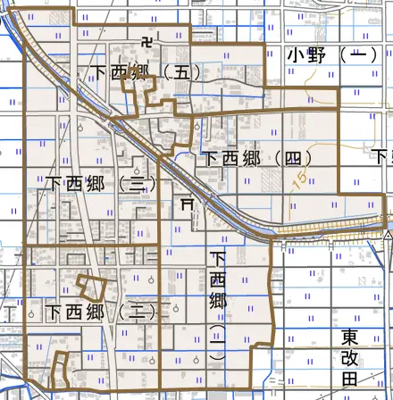 下西郷とその周辺の地図。町の範囲を重ねている