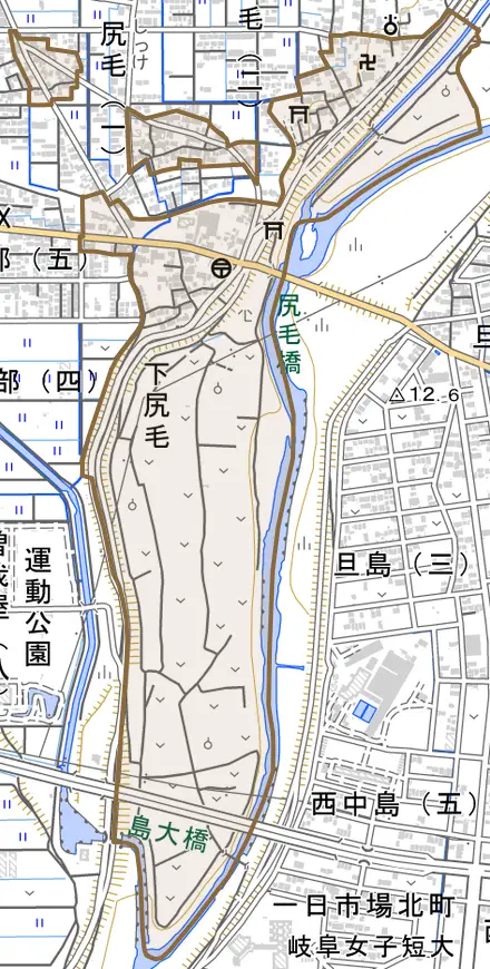 下尻毛とその周辺の地図。町の範囲を重ねている