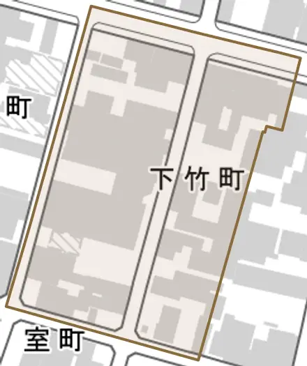 下竹町とその周辺の地図。町の範囲を重ねている