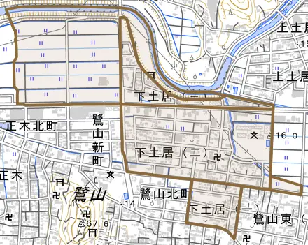 下土居とその周辺の地図。町の範囲を重ねている
