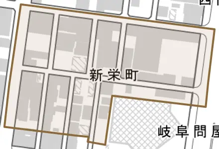 新栄町とその周辺の地図。町の範囲を重ねている