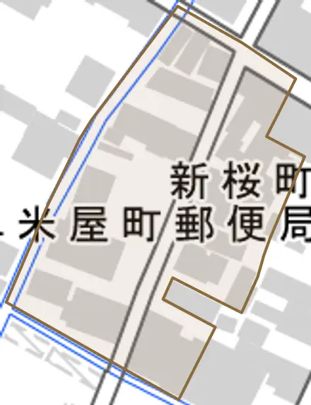 新桜町とその周辺の地図。町の範囲を重ねている