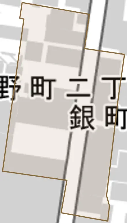 銀町とその周辺の地図。町の範囲を重ねている