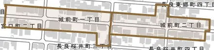 城前町とその周辺の地図。町の範囲を重ねている