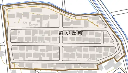 静が丘町とその周辺の地図。町の範囲を重ねている