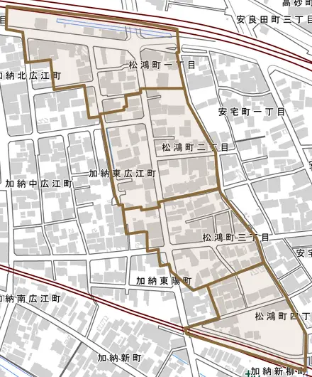 松鴻町とその周辺の地図。町の範囲を重ねている
