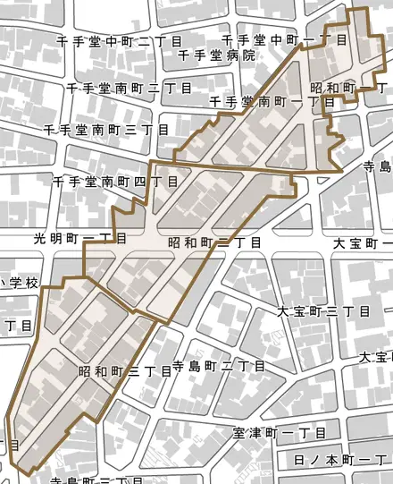 昭和町とその周辺の地図。町の範囲を重ねている