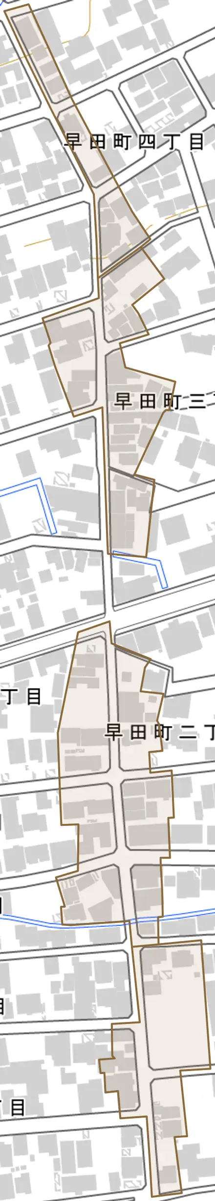 早田町とその周辺の地図。町の範囲を重ねている